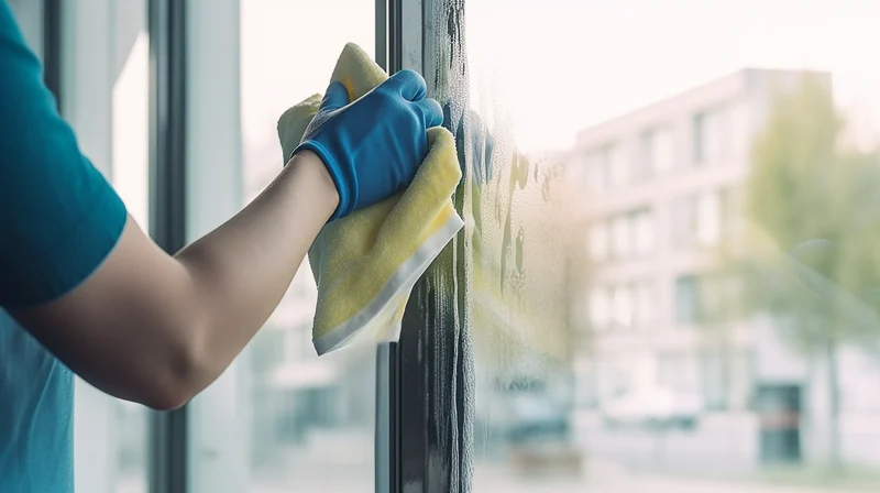 Cleaning professional wiping down a window with a squeegee cloth